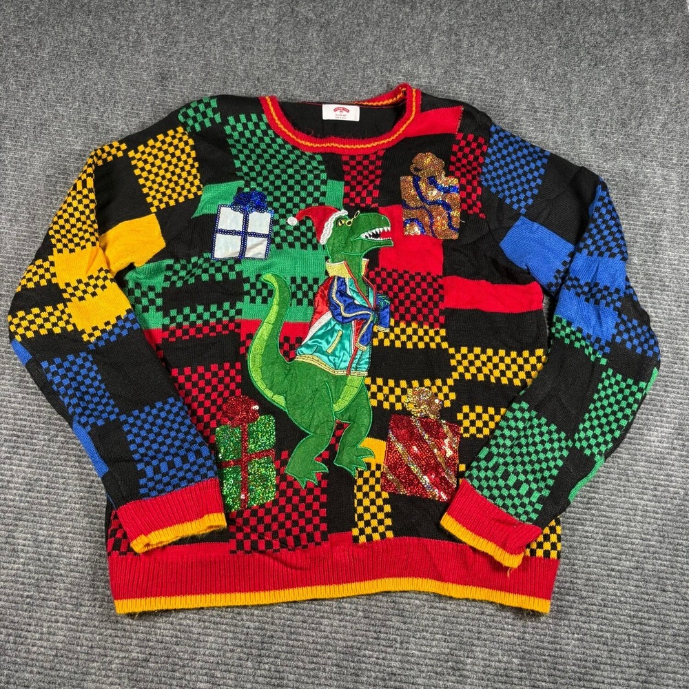 Holiday Time Ugly Christmas Sweater Mens XL Multicolor Excellent T-Rex Sequin